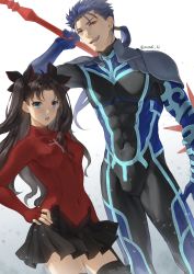 Rule 34 | 1boy, 1girl, alternate costume, black bodysuit, black skirt, blue bodysuit, blue hair, bodysuit, commentary request, contrapposto, covered abs, covered collarbone, covered navel, cowboy shot, cu chulainn (fate), cu chulainn (fate/extra), cu chulainn (fate/stay night), fangs, fate/stay night, fate (series), fingerless gloves, gae bolg (fate), gloves, gradient background, grey background, hair ribbon, hand on own hip, hand up, highres, long hair, long sleeves, mondi hl, multicolored bodysuit, multicolored clothes, open mouth, parted bangs, polearm, ponytail, red eyes, ribbon, shoulder plates, simple background, skirt, spear, thighhighs, tohsaka rin, two side up, weapon, white background, zettai ryouiki