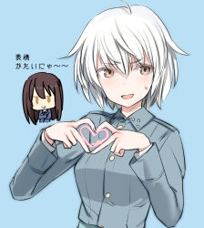 Rule 34 | 2girls, :&gt;, aila paivikki linnamaa, blue background, blush, brown eyes, brown hair, commentary request, eleonore giovanna gassion, heart, heart hands, luminous witches, military uniform, multiple girls, open mouth, shimada fumikane, sweat, translation request, uniform, white hair, world witches series
