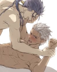 Rule 34 | 2boys, abs, archer (fate), bad id, bad twitter id, blue hair, blush, commentary request, cu chulainn (fate), cu chulainn (fate/stay night), dark-skinned male, dark skin, earrings, fate/stay night, fate (series), grey hair, hand on another&#039;s face, highres, holding another&#039;s wrist, implied anal, implied sex, jewelry, looking at another, male focus, mondi hl, multiple boys, muscular, nipples, open mouth, ponytail, red eyes, simple background, sweat, white background, yaoi