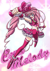 Rule 34 | 10s, 1girl, armpits, blue eyes, bow, character name, cure melody, dress, eyelashes, frills, full body, happy, heart, houjou hibiki, long hair, magical girl, midriff, miracle belltier, pink bow, pink dress, pink hair, pink skirt, pink theme, pink thighhighs, precure, shoes, skirt, solo, suite precure, thighhighs, toratora (1972-08-30), twintails, wrist cuffs