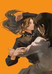 Rule 34 | 2girls, absurdres, black shirt, brown eyes, brown hair, chaser game w, chinese commentary, commentary request, earrings, hand on another&#039;s arm, harumoto itsuki, hayashi fuyu, highres, jewelry, long hair, long sleeves, lying, multiple girls, necklace, on back, orange background, parted lips, red nails, ring, shirt, tearing up, tears, wedding ring, white shirt, yoohu6, yuri
