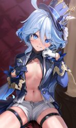 Rule 34 | 1girl, absurdres, blue eyes, blue hair, blue hat, blue jacket, blush, breasts, collarbone, cowlick, drop-shaped pupils, furina (genshin impact), genshin impact, gloves, grin, hat, highres, jacket, kanzarin, light blue hair, long hair, long sleeves, looking at viewer, multicolored hair, navel, open clothes, open jacket, shirt, short shorts, shorts, sitting, small breasts, smile, solo, streaked hair, swept bangs, symbol-shaped pupils, thigh strap, thighs, top hat, white hair, white shirt, white shorts