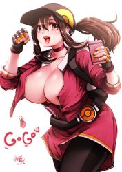 Rule 34 | 10s, 1girl, 2016, areola slip, backpack, bag, baseball cap, belt, black gloves, black leggings, blush, breasts, brown eyes, brown hair, cellphone, choker, clenched hand, collarbone, creatures (company), dated, female protagonist (pokemon go), fingerless gloves, game freak, gloves, hat, highres, huge breasts, leggings, long hair, nintendo, open clothes, open mouth, phone, pokemon, pokemon go, ponytail, signature, simple background, smile, solo, souryu, unzipped, white background