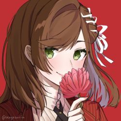Rule 34 | 1girl, blouse, brown hair, close-up, closed mouth, flower, green eyes, hair ornament, holding, holding flower, jacket, kiyasuriin, long hair, looking at viewer, pink flower, red background, red jacket, rosa (tears of themis), shirt, simple background, smile, solo, tears of themis, white shirt
