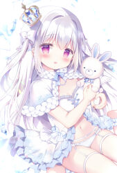 Rule 34 | 1girl, :d, azumi kazuki, barefoot, blush, bow, breasts, capelet, commentary request, crown, garter straps, hair between eyes, hair bow, hair intakes, highres, holding, holding stuffed toy, long hair, looking at viewer, mini crown, navel, open mouth, original, panties, purple eyes, sitting, small breasts, smile, solo, stuffed animal, stuffed rabbit, stuffed toy, tilted headwear, two side up, underwear, very long hair, wariza, white bow, white capelet, white panties, white wings, wings