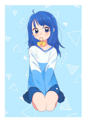 Rule 34 | 1girl, ahoge, between legs, blue background, blue eyes, blue hair, blue shirt, blue skirt, blush, border, bow, closed mouth, collarbone, commentary request, full body, hair down, hand between legs, highres, hirogaru sky! precure, kneeling, kyanos (b 0000ff), long hair, long sleeves, looking at viewer, miniskirt, mouth hold, precure, shirt, skirt, solo, sora harewataru, straight hair, white border, yellow bow