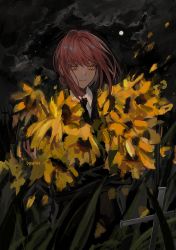 Rule 34 | 1girl, absurdres, artist name, black necktie, black suit, chainsaw man, cloud, dowan n, flower, formal, grass, grassy, highres, holding, holding flower, long hair, looking down, makima (chainsaw man), moon, necktie, night, red hair, ringed eyes, solo, suit, sunflower, yellow eyes, yellow flower