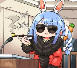 Rule 34 | 1girl, :d, animal ear fluff, animal ears, blue hair, braid, carrot hair ornament, chibi, coat, commentary request, food-themed hair ornament, fur-trimmed coat, fur-trimmed sleeves, fur trim, hair ornament, holding, holding smoking pipe, hololive, indoors, kanikama, kiseru, long sleeves, multicolored hair, open mouth, rabbit ears, red coat, short eyebrows, silhouette, smile, smoke, smoking pipe, solo focus, sparkle, sunglasses, thick eyebrows, twin braids, twintails, two-tone hair, usada pekora, virtual youtuber, white hair