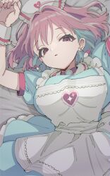 Rule 34 | 1girl, ahoge, apron, aqua dress, aqua hair, bed sheet, bob cut, breasts, choker, colored inner hair, commentary, dress, earrings, fingernails, frilled apron, frilled headwear, frills, hair intakes, hat, heart, heart print, highres, idolmaster, idolmaster cinderella girls, idolmaster cinderella girls starlight stage, jewelry, large breasts, looking at viewer, lying, multicolored hair, nurse cap, pill earrings, pinafore dress, pink choker, pink eyes, pink hair, short sleeves, sleeveless, sleeveless dress, solo, sparkle print, sukoyaka (100hituzi), symbol-only commentary, tearing up, two-tone hair, white apron, white hat, white wrist cuffs, wrist cuffs, yumemi riamu