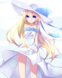 Rule 34 | 1girl, bare shoulders, blonde hair, blue eyes, dress, hat, highres, kawasaki toiro, long hair, looking at viewer, original, simple background, solo, standing, strapless, strapless dress, sun hat, wind