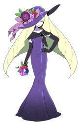 Rule 34 | 1girl, alternate costume, black gloves, blonde hair, bouquet, closed eyes, closed mouth, commentary request, creatures (company), dede (qwea 00000), dress, elbow gloves, eyelashes, flower, full body, game freak, gloves, hat, hat flower, highres, holding, holding bouquet, korean commentary, long hair, lusamine (pokemon), nintendo, pokemon, pokemon sm, purple dress, purple hat, simple background, smile, solo, standing, white background