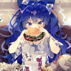 Rule 34 | 1girl, bangle, blue bow, blue eyes, blue hair, blush, bow, bracelet, burger, colored eyelashes, commentary request, cup, eating, food, french fries, grey hoodie, hair between eyes, hair bow, highres, holding, holding food, hood, hoodie, jewelry, long hair, messy hair, nikorashi-ka, solo, sweat, touhou, two-handed, upper body, very long hair, yorigami shion