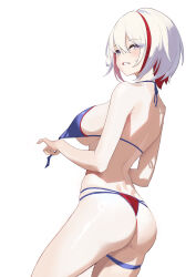 Rule 34 | 1girl, absurdres, alternate costume, ass, back, bare shoulders, bikini, bikini pull, blue bikini, blue eyes, blush, clothes pull, colored inner hair, commentary request, cowboy shot, from behind, highres, honkai: star rail, honkai (series), looking at viewer, multi-strapped bikini bottom, multicolored hair, o-ring, o-ring top, parted lips, red hair, senbonsang, short hair, simple background, solo, standing, streaked hair, swimsuit, teeth, thigh strap, topaz (honkai: star rail), untied bikini top, white background, white hair