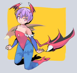 Rule 34 | 1girl, absurdres, animal print, bare shoulders, bat print, bat wings, breasts, bridal gauntlets, commentary request, demon girl, diamond cutout, full body, head wings, highres, leotard, lilith aensland, looking at viewer, okera, pantyhose, print pantyhose, purple hair, red eyes, red leotard, short hair, small breasts, smile, solo, vampire (game), wings