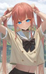 Rule 34 | 1girl, absurdres, arms up, blue eyes, blunt bangs, blurry, blurry background, bow, bowtie, bunching hair, choker, closed mouth, cloud, day, depth of field, hara kenshi, highres, light smile, long hair, looking at viewer, midriff, navel, original, outdoors, red hair, sailor collar, school uniform, shirt, short sleeves, skirt, sky, solo, twintails, upper body, very long hair, white shirt