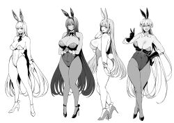 Rule 34 | 4girls, amano don, animal ears, ascot, ass, blush, breasts, cleavage, curvy, detached collar, fake animal ears, fake tail, full body, goddess of victory: nikke, greyscale, high heels, highleg, highleg leotard, highres, huge breasts, large breasts, leotard, looking at viewer, monochrome, multiple girls, pantyhose, playboy bunny, rabbit ears, rabbit tail, sideboob, strapless, strapless leotard, tail, thick thighs, thighs, v, wrist cuffs