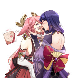 Rule 34 | 2girls, blush, bridal gauntlets, covering another&#039;s mouth, earrings, eye contact, genshin impact, gold earrings, hair over shoulder, hand over another&#039;s mouth, highres, jewelry, jhorliearts, licking, licking hand, long hair, looking at another, multiple girls, nail polish, pink hair, purple eyes, purple hair, purple nails, raiden shogun, tongue, tongue out, yae miko, yuri