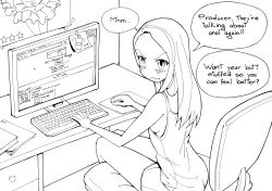 Rule 34 | 1girl, 4chan, blush, breasts, butt plug, chair, computer, desk, from above, greyscale, highres, idolmaster, idolmaster (classic), imageboard, long hair, looking at viewer, looking back, minase iori, monitor, monochrome, sex toy, shorts, sideboob, sitting, text focus