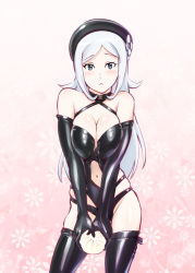 Rule 34 | 10s, 1girl, :&lt;, aila jyrkiainen, alternate costume, baozi, bare shoulders, beret, black gloves, black thighhighs, blue eyes, blush, bondage outfit, breasts, breasts squeezed together, cleavage, cleavage cutout, clothing cutout, cowboy shot, criss-cross halter, dominatrix, elbow gloves, flipped hair, flower, food, frown, gloves, gradient background, gundam, gundam build fighters, halterneck, hat, hat flower, holding, large breasts, leotard, long hair, looking at viewer, navel, navel cutout, parted bangs, pink background, shiny clothes, side cutout, silver hair, skindentation, solo, standing, swept bangs, thighhighs, thighs, ueyama michirou, v arms