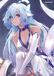 Rule 34 | 1girl, azur lane, bare shoulders, blue hair, breasts, cleavage, closed mouth, collarbone, constellation (azur lane), dress, elbow gloves, gloves, headgear, highres, karkovb152, large breasts, long bangs, long hair, looking at viewer, night, night sky, purple eyes, short dress, signature, single glove, sky, smile, solo, star (sky), starry sky, thighhighs, white dress, white gloves, white thighhighs