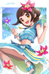 Rule 34 | 1girl, :d, absurdres, blue sarong, blue shirt, breasts, brown eyes, brown hair, commentary, creatures (company), eyelashes, feet, flower, game freak, gloria (pokemon), gloria (summer 2021) (pokemon), gonzarez, hair flower, hair ornament, hands up, hibiscus, highres, jewelry, knees together feet apart, medium breasts, navel, necklace, nintendo, official alternate costume, open mouth, pendant, pigeon-toed, pokemon, pokemon masters ex, purple flower, red flower, sandals, sarong, scrunchie, shirt, short hair, sleeveless, sleeveless shirt, smile, solo, teeth, toenails, toes, tongue, upper teeth only, water, water drop, wrist scrunchie