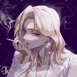 Rule 34 | 0jae, 1girl, blonde hair, chinese commentary, cigarette, commentary request, earrings, holding, holding cigarette, jewelry, long hair, looking at viewer, mature female, mole, mole on nose, original, purple background, purple eyes, simple background, smoke, smoking, solo