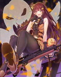 Rule 34 | 1girl, bat (animal), bat hair ornament, belt, bipod, black pantyhose, blush, breasts, bullpup, cleavage, collared shirt, food-themed hair ornament, ghost, girls&#039; frontline, gloves, gun, hair ornament, hair ribbon, half updo, halloween, hand up, high heels, jack-o&#039;-lantern, large breasts, long hair, looking at viewer, necktie, official alternate costume, one side up, open mouth, pantyhose, pumpkin hair ornament, purple hair, red eyes, ribbon, riding, rifle, shirt, skirt, sleeveless, sleeveless shirt, sniper rifle, solo, tanakahazime, very long hair, wa2000 (girls&#039; frontline), walther, walther wa 2000, weapon