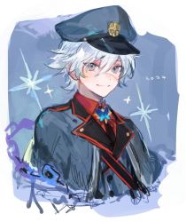 Rule 34 | 1boy, chain, formal, grey eyes, hat, korean text, kuzuvine, latale, looking at viewer, male focus, pale skin, psykicker (latale), smile, solo, suit, translation request, white hair