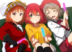 Rule 34 | 3girls, bad id, bad pixiv id, beret, boots, braid, brown hair, collarbone, cyaron (love live!), closed eyes, glowstick, green eyes, grin, hair between eyes, hat, highres, icehotmilktea, kurosawa ruby, looking at viewer, love live!, love live! sunshine!!, multiple girls, one eye closed, orange hair, overall shorts, overalls, pirate hat, pleated skirt, red eyes, red hair, side braid, sitting, skirt, smile, takami chika, watanabe you
