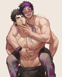 Rule 34 | 2boys, abs, artist name, bara, biceps, black hair, borrowed character, bracelet, commission, couple, facial hair, fang, glasses, green eyes, highres, hug, jewelry, jouvru, male focus, multiple boys, muscular, muscular male, navel, nipples, one eye closed, original, pants, pectoral cleavage, pectorals, ponytail, purple eyes, purple hair, smile, spiked hair, stubble, thick arms, topless male, veins, yaoi