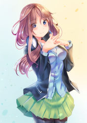 Rule 34 | 1girl, absurdres, black pantyhose, blazer, blue background, blue cardigan, blue eyes, blue jacket, blush, brown background, brown hair, cardigan, closed mouth, command spell, fingernails, go-toubun no hanayome, gradient background, green skirt, hair between eyes, hands up, headphones, headphones around neck, highres, holmemee, jacket, long hair, nakano miku, open clothes, open jacket, own hands together, pantyhose, pleated skirt, skirt, smile, solo, very long hair