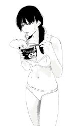 1girl bra breasts chainsaw_man chopsticks eating food greyscale highres holding holding_chopsticks low_twintails medium_hair mitaka_asa monochrome navel noodles panties photo-referenced small_breasts solo twintails underwear yuuraa