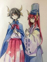 Rule 34 | 1boy, 1girl, black hair, blue cape, blue headwear, blue kimono, bow, bowtie, brown horns, cape, commentary request, cosplay, costume switch, hakama, hakama skirt, hat, highres, holding, holding wand, horns, japanese clothes, kaigen 1025, kariginu, kimono, long hair, long sleeves, multiple horns, no nose, own hands together, painting (medium), red bow, red bowtie, red eyes, red hakama, ribbon-trimmed sleeves, ribbon trim, shingyoku (female), shingyoku (male), shingyoku (touhou), shingyoku (touhou) (cosplay), shirt, short hair, simple background, skirt, tate eboshi, touhou, touhou (pc-98), traditional media, wand, watercolor (medium), white background, white shirt, white sleeves, wide sleeves