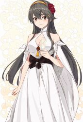 Rule 34 | 1girl, absurdres, black hair, blush, breasts, brown eyes, cleavage, closed mouth, cocktail glass, collarbone, commission, cup, dress, drinking glass, hair between eyes, hair ornament, hairband, hairclip, haruna (kancolle), highres, holding, holding cup, kanmiya shinobu, kantai collection, large breasts, light smile, long hair, medium breasts, skeb commission, solo, white dress