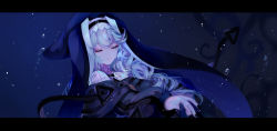 Rule 34 | 1girl, arknights, black dress, black nails, chinese commentary, commentary request, dress, closed eyes, habit, letterboxed, long hair, long sleeves, nail polish, sheya, silver hair, solo, specter (arknights), upper body