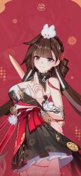 Rule 34 | 1girl, 2023, brown hair, chinese clothes, highres, holding, holding weapon, honkai (series), honkai impact 3rd, li sushang, li sushang (jade knight), looking at viewer, official alternate costume, official art, official wallpaper, rabbit, red background, salute, smile, solo, solo focus, two-finger salute, weapon