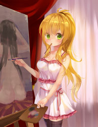 Rule 34 | 1girl, art brush, ass, bad id, bad pixiv id, black thighhighs, blonde hair, blush, borrowed character, butt crack, canvas (object), derivative work, easel, green eyes, heart, heart-shaped pupils, long hair, looking at viewer, mouth hold, mvv, original, paintbrush, painting (action), palette (object), solo, symbol-shaped pupils, thighhighs