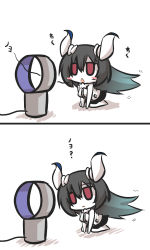 Rule 34 | 10s, 1girl, anchorage water oni, black hair, bladeless fan, blush stickers, chestnut mouth, chibi, commentary request, electric fan, goma (gomasamune), hand fan, horns, kantai collection, kneeling, long hair, open mouth, red eyes, simple background, sketch, translation request