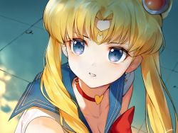 Rule 34 | 1girl, bishoujo senshi sailor moon, blonde hair, blue eyes, blue sailor collar, breasts, choker, circlet, cleavage, collarbone, collared shirt, crescent, crescent earrings, derivative work, earrings, hair bun, hair intakes, heart, heart choker, jewelry, long hair, medium breasts, meme, parted lips, red choker, sailor collar, sailor moon, sailor moon redraw challenge (meme), sailor shirt, shirt, signature, single hair bun, sleeveless, sleeveless shirt, snozaki, solo, twintails, upper body, white shirt