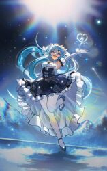 Rule 34 | 1girl, :d, arm up, armpits, black skirt, blue eyes, blue hair, brooch, commentary request, detached sleeves, hatsune miku, high-waist skirt, highres, jewelry, komuer, long hair, looking at viewer, open mouth, pantyhose, petticoat, skirt, smile, solo, standing, standing on one leg, twintails, very long hair, vocaloid, white pantyhose