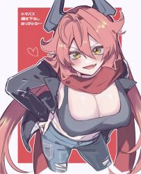 Rule 34 | 1girl, :d, absurdres, alternate costume, antenna hair, black jacket, black tank top, blush, breasts, cleavage, commentary, crop top, cropped jacket, cropped legs, denim, fang, goddess of victory: nikke, hair between eyes, hand on own hip, heart, highres, horns, jacket, jeans, large breasts, long hair, long sleeves, looking at viewer, mechanical horns, midriff, miko (uuua12u), navel, open clothes, open jacket, open mouth, pants, red background, red hair, red hood (nikke), red scarf, scarf, sidelocks, skin fang, smile, solo, standing, tank top, torn clothes, torn jeans, torn pants, translation request, yellow eyes