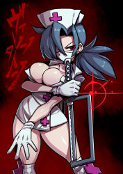 Rule 34 | + +, 1girl, bandages, blue hair, breasts, cleavage, commentary request, cross, dress, gloves, hacksaw, hat, highres, large breasts, long hair, looking at viewer, mask, mouth mask, nurse, nurse cap, ponytail, red cross, red eyes, saw, shiny skin, short dress, skullgirls, solo, standing, surgical mask, symbol-shaped pupils, tukiwani, valentine (skullgirls), white gloves