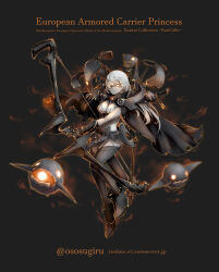 Rule 34 | 1girl, black cape, black footwear, bow (weapon), breasts, cape, character name, cleavage, colored skin, copyright name, enemy aircraft (kancolle), european armored aircraft carrier princess, full body, gauntlets, glowing, grey hair, grey skin, hair over one eye, highres, holding, holding bow (weapon), holding weapon, kantai collection, long hair, medium breasts, orange eyes, oso (toolate), thighhighs, torn cape, torn clothes, turret, twitter username, watermark, weapon, web address