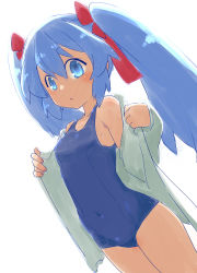 Rule 34 | 1girl, backlighting, blue eyes, blue hair, blush, bow, breasts, character request, copyright request, female focus, hair bow, highres, ogihara mach, one-piece swimsuit, open clothes, open shirt, red bow, simple background, small breasts, solo, swimsuit, twintails, undressing, white background