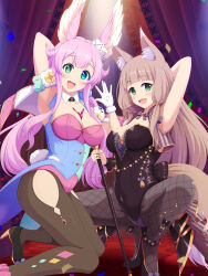 2girls absurdres animal_ear_fluff animal_ears ankle_strap aqua_scrunchie aqua_vest arm_scrunchie armpits black_leotard blue_scrunchie breasts brown_pantyhose chest_jewel clothing_cutout collar fishnet_pantyhose fishnets fox_girl fur-trimmed_gloves fur_trim gloves grey_pantyhose hair_ornament hair_scrunchie heterochromia highres ishida_seito kururu_(princess_connect!) leotard light_brown_hair maho_(dream_park)_(princess_connect!) maho_(princess_connect!) multiple_girls official_alternate_costume pantyhose pink_leotard playboy_bunny princess_connect! scrunchie star_ornament thigh_cutout two-tone_vest white_collar wrist_cuffs yellow_gemstone