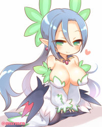 Rule 34 | 1girl, bad id, bad pixiv id, bare shoulders, blue hair, blush, breasts, cleavage, closed mouth, copyright request, detached sleeves, dress, earrings, green eyes, grey background, hair between eyes, heart, jewelry, large breasts, long hair, long sleeves, mashiro miru, parted bangs, pointy ears, puffy long sleeves, puffy sleeves, shadow, sidelocks, sleeves past wrists, smile, solo, strapless, strapless dress, twitter username, very long hair, white dress, white sleeves