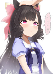 Rule 34 | ..., 1girl, animal ears, bad id, bad pixiv id, black hair, blush, bow, breasts, commentary request, daiichi ruby (umamusume), hair bow, headpat, highres, horse ears, horse girl, long hair, red eyes, school uniform, simple background, small breasts, solo focus, tracen school uniform, umamusume, uniform, user vrtc2548, white background