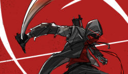 Rule 34 | absurdres, arknights, black jacket, black pants, commentary request, glowing, glowing eye, hateful avenger (arknights), highres, holding, holding sword, holding weapon, hood, hood up, hooded jacket, jacket, katana, looking at viewer, pants, red background, red eyes, red shirt, shirt, shoshu, simple background, sword, weapon