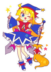 Rule 34 | 1girl, absurdres, blonde hair, blue dress, blue footwear, blue hair, blue hat, blush, broom, dress, hat, highres, holding, holding broom, long sleeves, looking at viewer, madou monogatari, offbeat, one eye closed, puyopuyo, simple background, standing, standing on one leg, star (symbol), white background, witch (puyopuyo), wizard hat