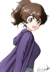 Rule 34 | 10s, 1girl, :d, artist name, black ribbon, brown eyes, brown hair, bukkuri, casual, dated, from side, girls und panzer, grey pants, hair ribbon, hood, hoodie, jacket, koyama yuzu, long sleeves, looking at viewer, open clothes, open jacket, open mouth, pants, purple jacket, purple shirt, ribbon, shirt, short hair, short ponytail, signature, simple background, smile, solo, standing, upper body, white background